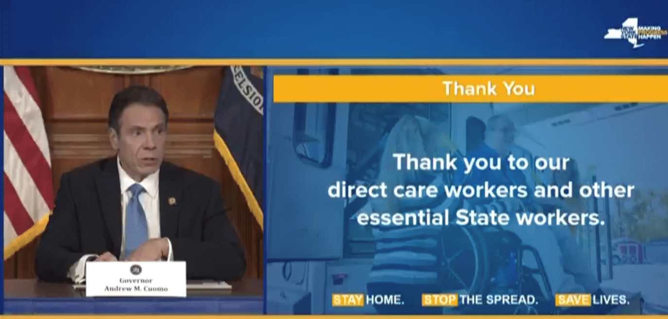 NY Gov. Cuomo giving thanks to Direct Service Workers
